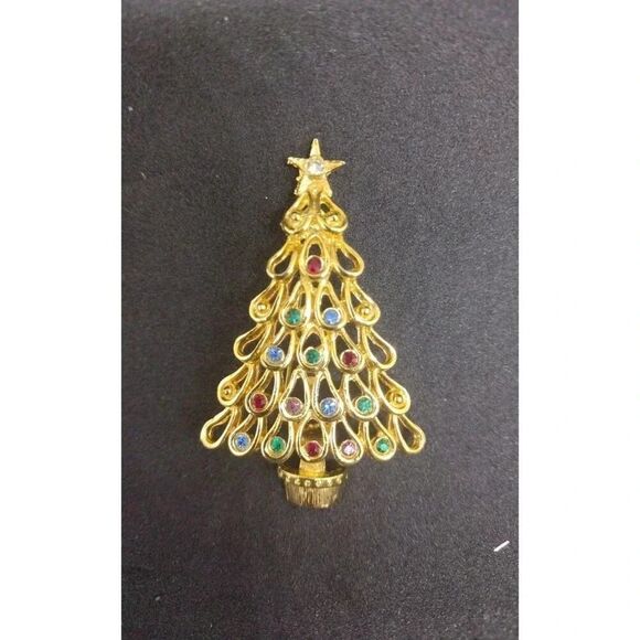 Christmas Tree Pin Gold Tone Red Green Enamel, Christmas Jewelry - Picture 1 of 6